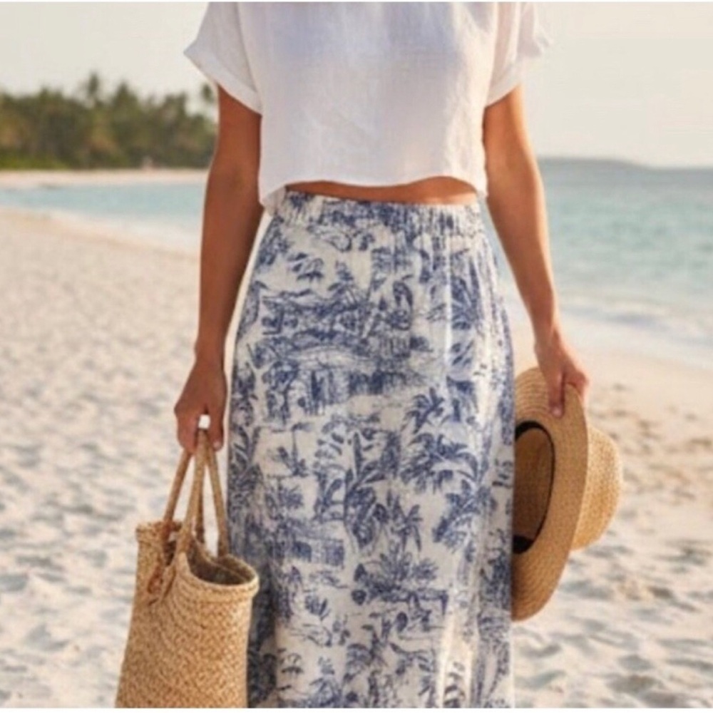 Joie 100% Linen Tropical Toile Midi Skirt Size XL Pockets Blue White Beach - Picture 2 of 15